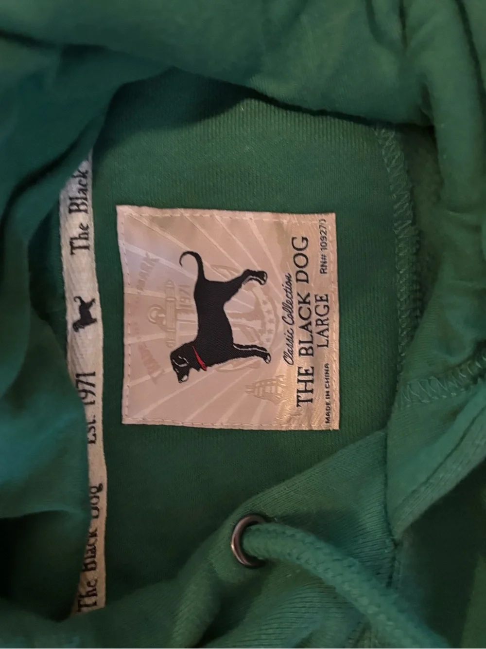 The Black Dog Green Hoodie with Black Dog Graphic size LARGE
